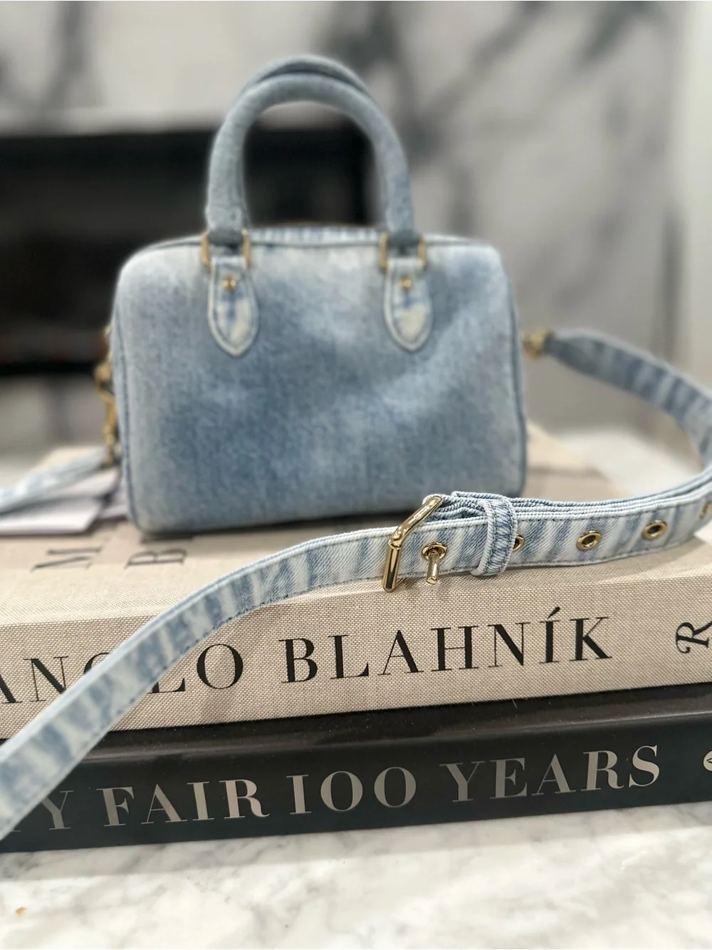 Coach Light Blue Denim Mini Satchel with Pink & Navy Tags